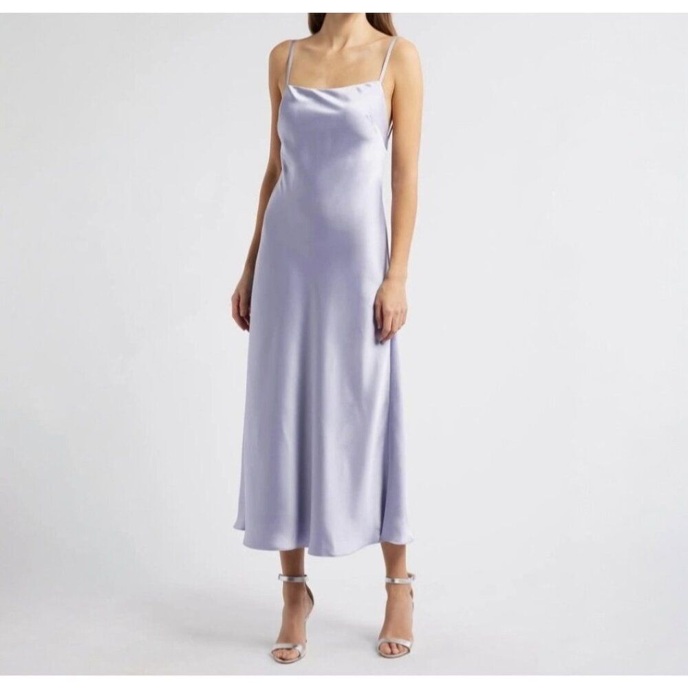 Amsale Andy Satin Midi Cocktail Dress Women’s Size 14 Lilac Tie Back